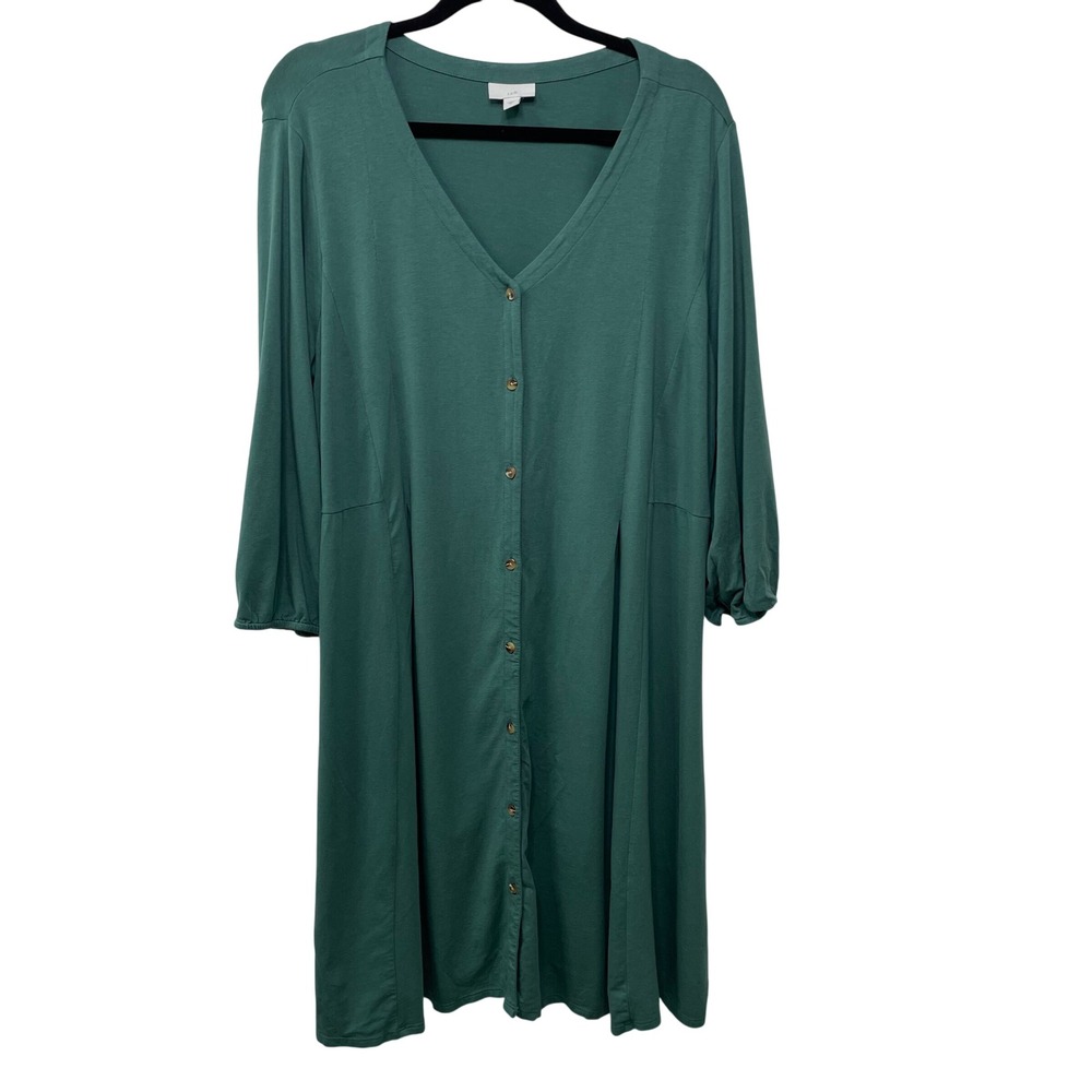 J. Jill Green Cotton Modal V-Neck Button Front Midi Dress XL Granola Lagenlook